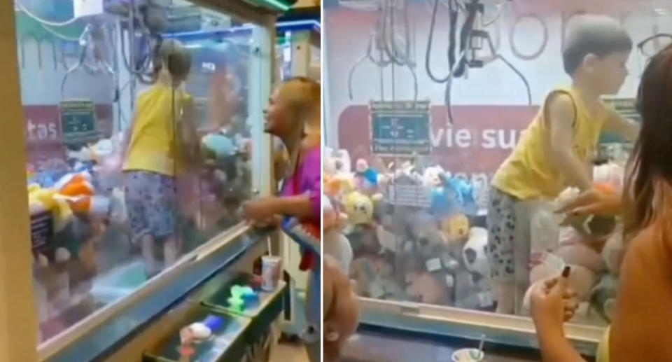 The toddler managed to climb inside a toy machine at a shopping centre in Brazil. Source: TikTok/SkyNews