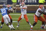 Florida quarterback Kyle Trask (11) releases a pass during the first half of an NCAA college football game against Mississippi in Oxford, Miss., Saturday, Sept. 26, 2020. (AP Photo/Thomas Graning)