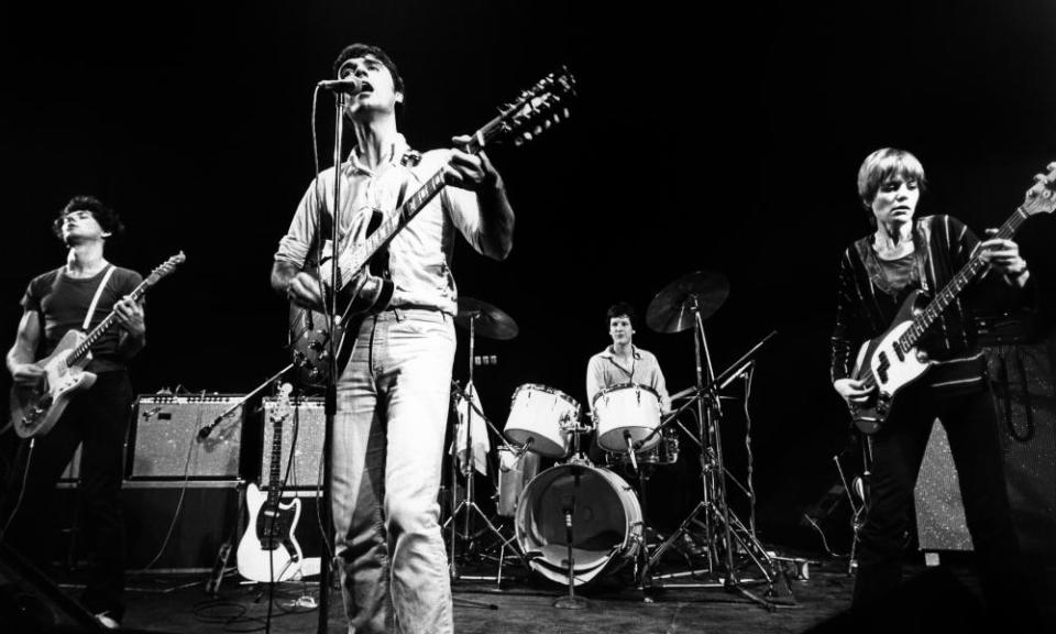Jerry Harrison, David Byrne, Chris Franz and Tina Weymouth on stage in London in 1977