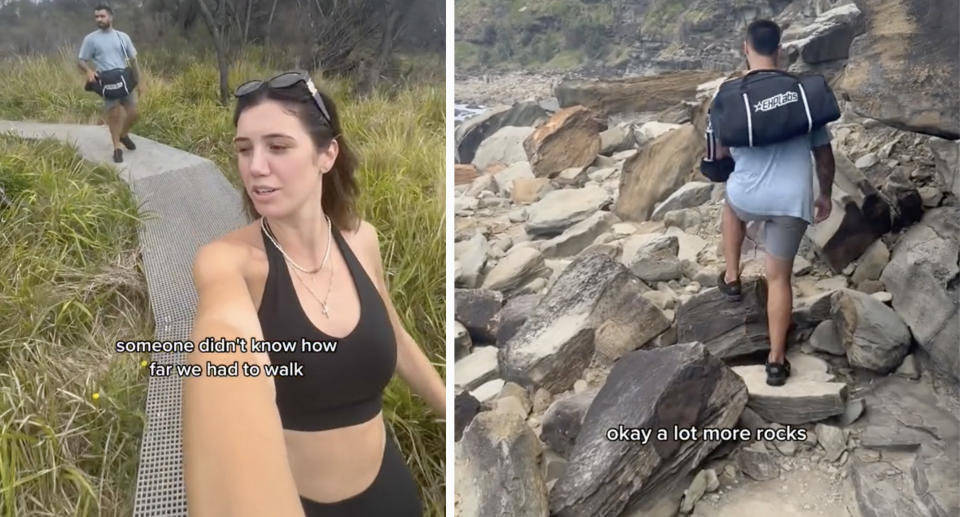 In a series of videos, Jess 'complained' about the 'very steep rocks' and 'never ending' path to the Figure Eight Pools. Source: TikTok/Jess Henderson