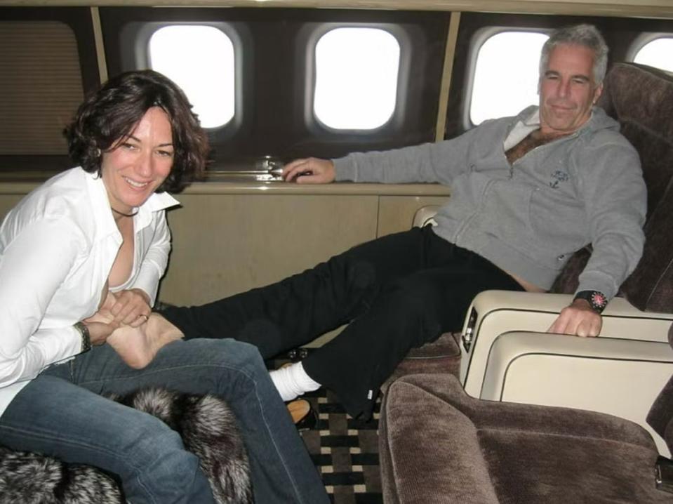 Ghislaine Maxwell and Jeffrey Epstein on his private jet. He died while awaiting a child sex-trafficking trial in 2019 (Channel 4)
