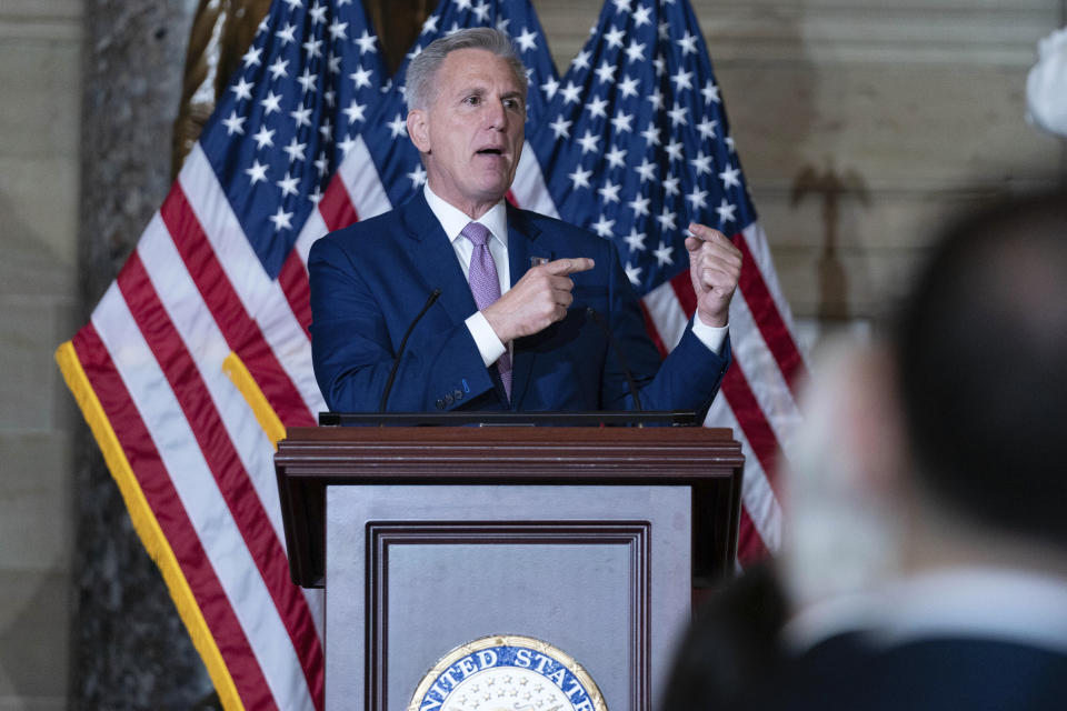 Speaker of the House Kevin McCarthy, R-Calif., speaks during the stamp unveiling ceremony in honor of Rep. John Lewis on Capitol Hill, Wednesday, June 21, 2023, in Washington. (AP Photo/Jose Luis Magana)