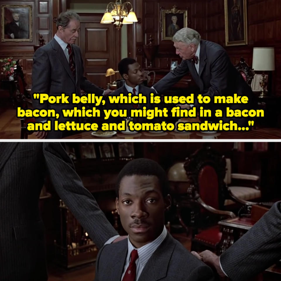 old men, with their hands on Billy's shoulders, explain: "Pork belly, which is used to make bacon, which you might find in a bacon and lettuce and tomato sandwich..."