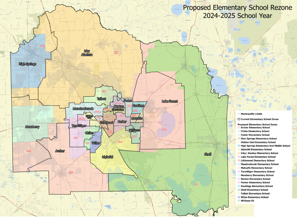 Proposed zone map for Alachua County elementary schools as of Dec. 22, 2023.