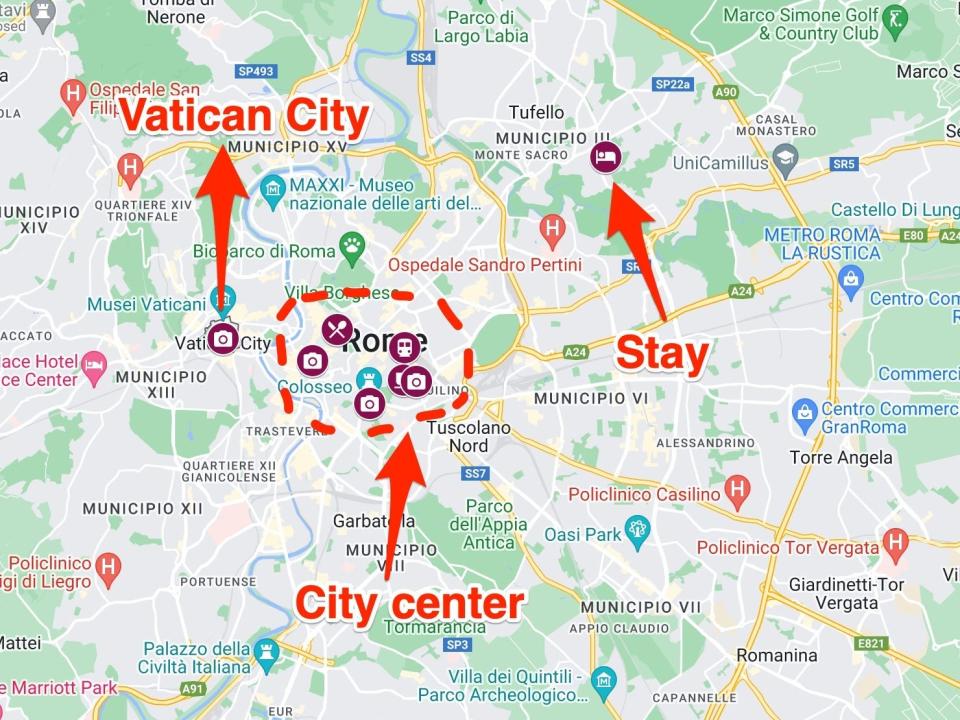 A map of where the author went in Rome