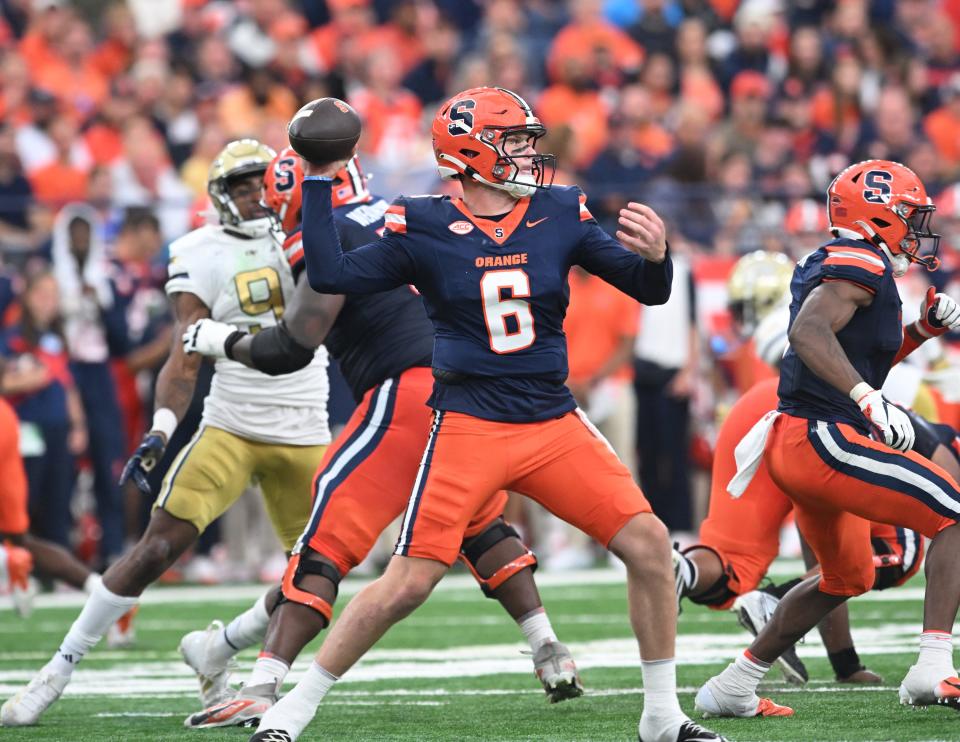 Sep 7, 2024; Syracuse, New York, USA; Syracuse Orange quarterback Kyle McCord (6) throws a pass in the second quarter against the Georgia Tech Yellow Jackets at the JMA Wireless Dome. Mandatory Credit: Mark Konezny-Imagn Images