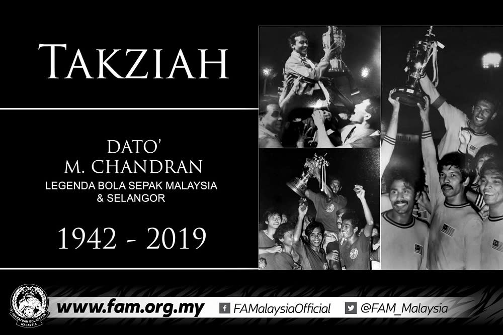Football Association of Malaysia exco Christopher Raj Aralanthu announced via social media that Datuk M. Chandran, 77, died peacefully at his house in Ampang Jaya at 7.30am. — Picture via Facebook/ Football Association of Malaysia