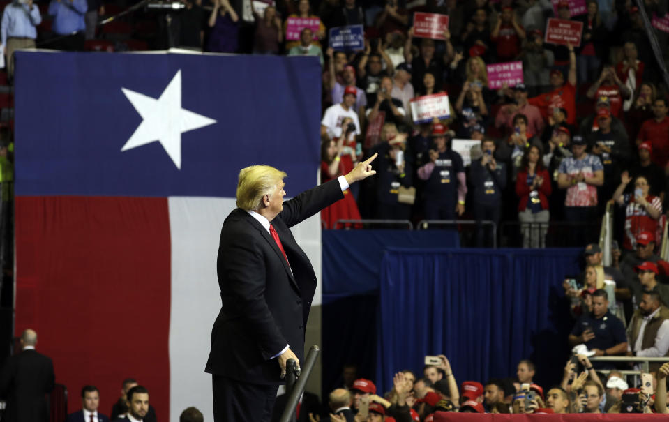 President Donald Trump speaks during a campaign rally for Sen. Ted Cruz, R-Texas, at Houston Toyota Center, Monday, Oct. 22, 2018, in Houston. (AP Photo/Evan Vucci)