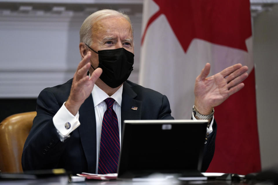 President Joe Biden holds a virtual bilateral meeting with Canadian Prime Minister Justin Trudeau, in the Roosevelt Room of the White House, Tuesday, Feb. 23, 2021, in Washington. (AP Photo/Evan Vucci)