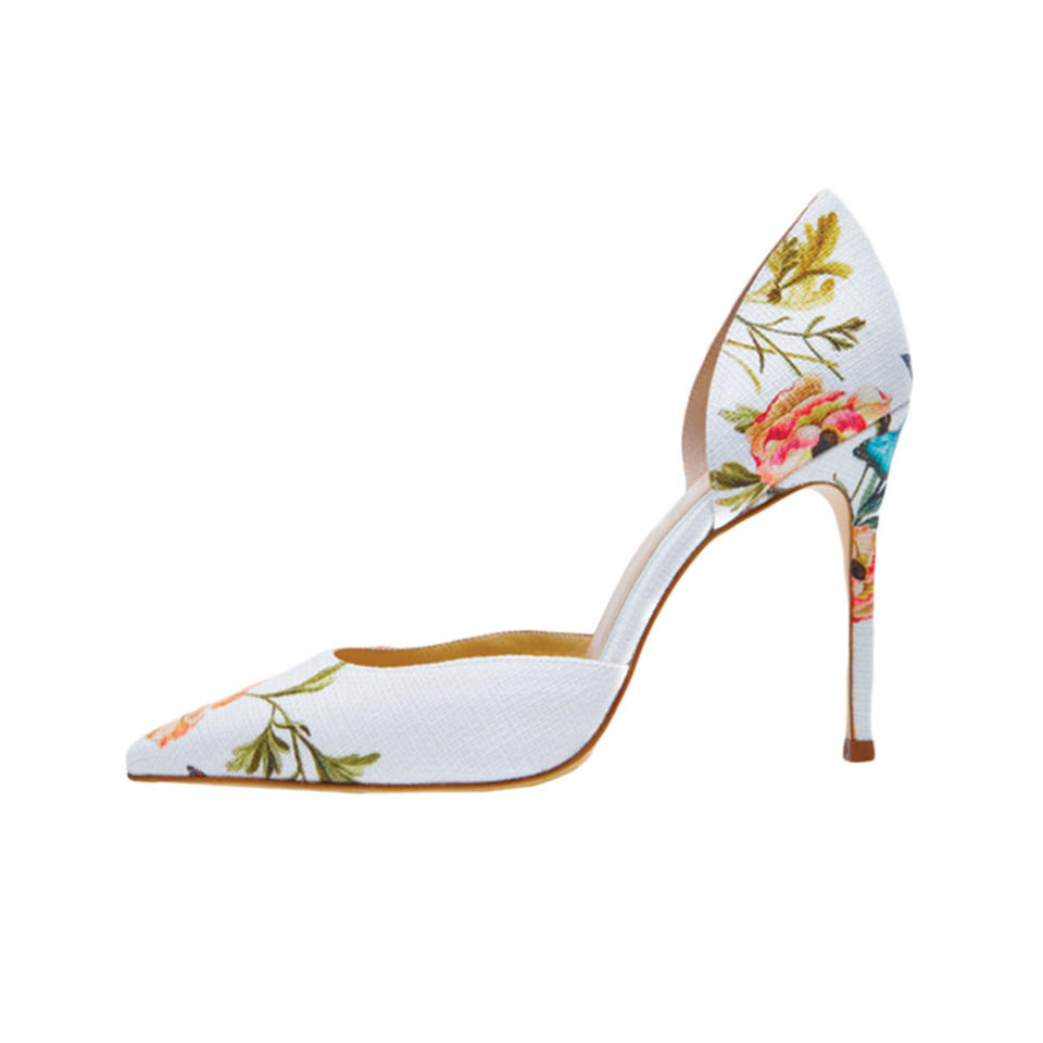 Monique Lhuillier The Filipino American designer’s printed linen Shannon Tuileries Pump; 5, moniquelhuillier.com - Credit: Courtesy of Brand