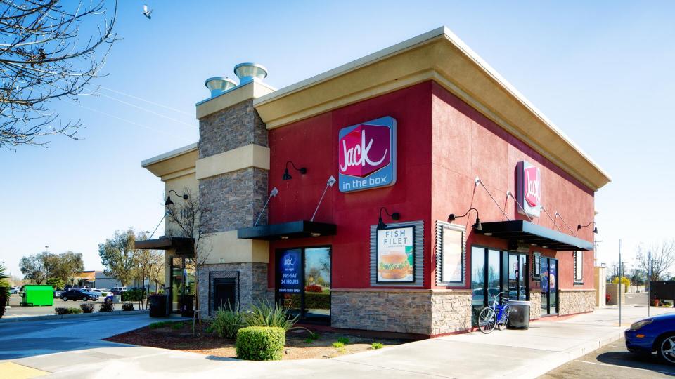 Jack in the box stand alone franchise restaurant, photographed in Central California on a clear winter day.