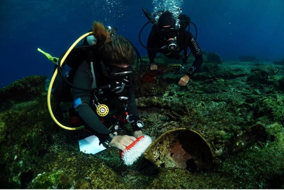 Diver takes a brush to an underwater artifact