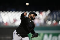 Miami Marlins starting pitcher Johnny Cueto throws during the first inning of a baseball game against the Washington Nationals, Saturday, Sept. 2, 2023, in Washington. (AP Photo/Nick Wass)