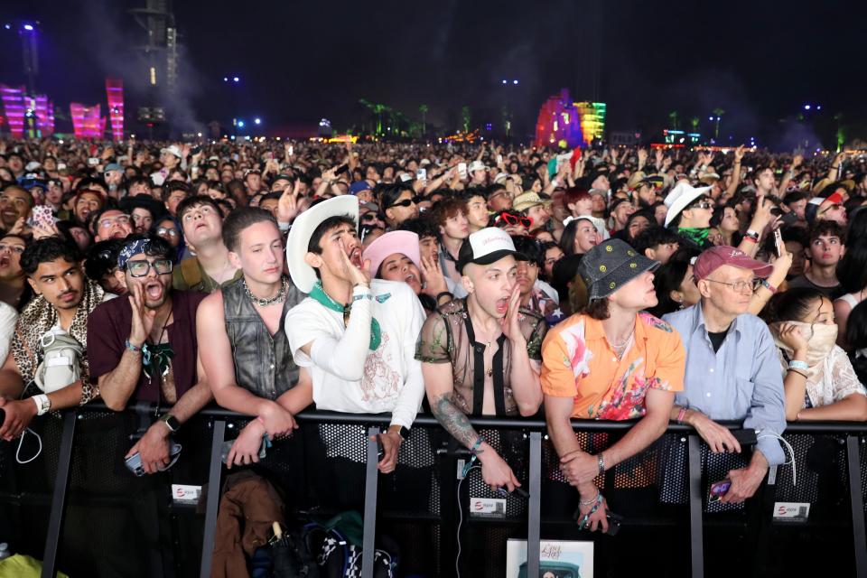 Peso Pluma fans cheer during his performance on the Coachella Stage during the Coachella Music and Arts Festival in Indio, Calif., on Friday.