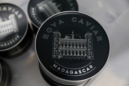 A can of Rova caviar is seen on the processing line at the Acipenser fish farm in Ambatolaona