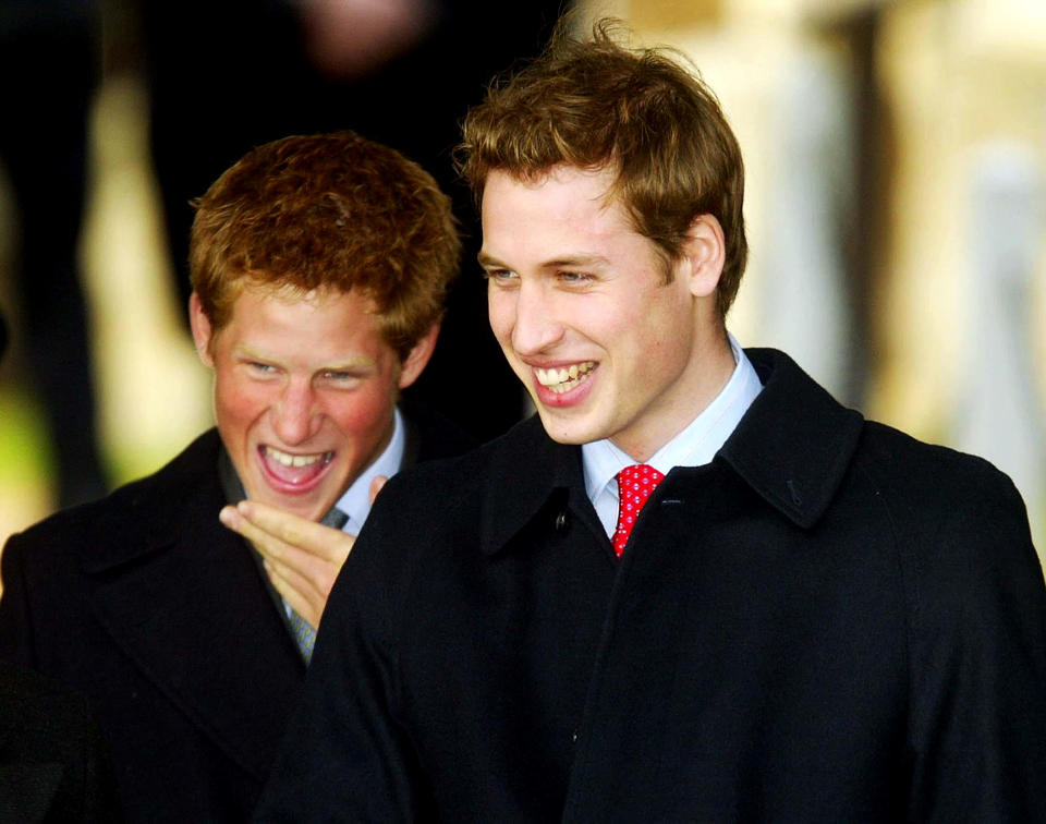 HRH Prince Harry (L) and HRH Prince William leave along with other members of the Royal family after attending a Christmas Day service St. Mary Magdelene Church on December 25, 2003 in Norfolk, England.