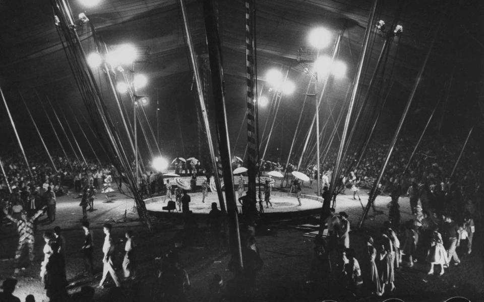 <p>Ringling Bros. circus performs under the big top tent.</p>