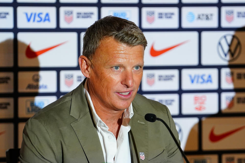 United States Soccer sporting director Matt Crocker makes an opening statement during a news conference Friday, June 16, 2023, in Las Vegas. (AP Photo/Lucas Peltier)