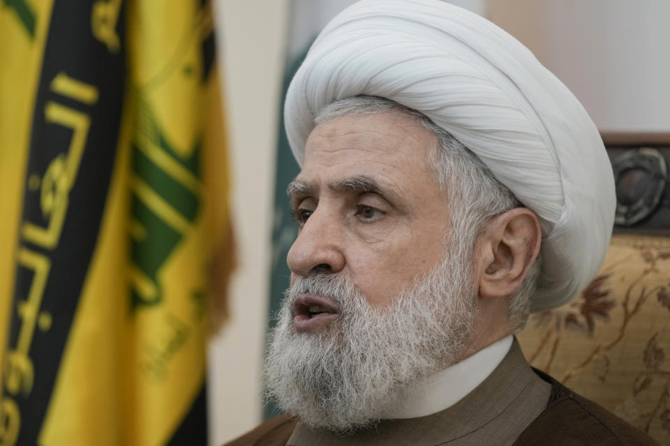 Hezbollah's deputy leader Sheik Naim Kassem, speaks during an interview with The Associated Press in Beirut's southern suburbs, Lebanon, Tuesday, July 2, 2024. Kassem said that the only definite path to a cease-fire on the Lebanon-Israel border is a full cease-fire in Gaza. (AP Photo/Bilal Hussein)