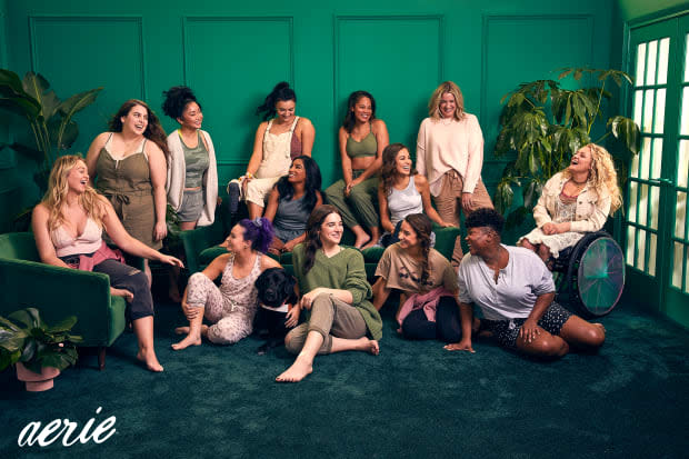 An image from the 2020 #AerieREAL Role Model campaign. From L-R: Iskra Lawrence, Beanie Feldstein, Lana Condor, Molly Burke, Brenna Huckaby, Keiana Cave, Hari Nef, Dre Thomas, <em>Manuela Barón, Aly Raisman, Jenna Kutcher, Tiff McFierce, Ali Stroker</em>