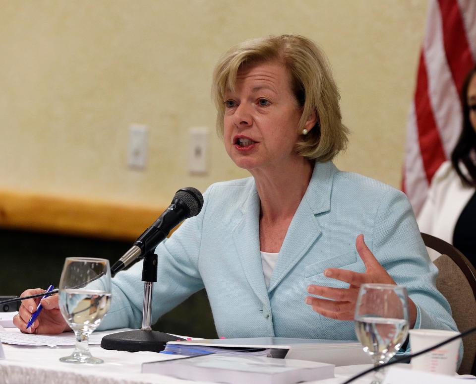 Wisconsin Sen. Tammy Baldwin  speaks during a hearing in 2016 at the Tomah Veterans Affairs Medical Center, after reports of the over-presciption of opiods and other issues at the center.