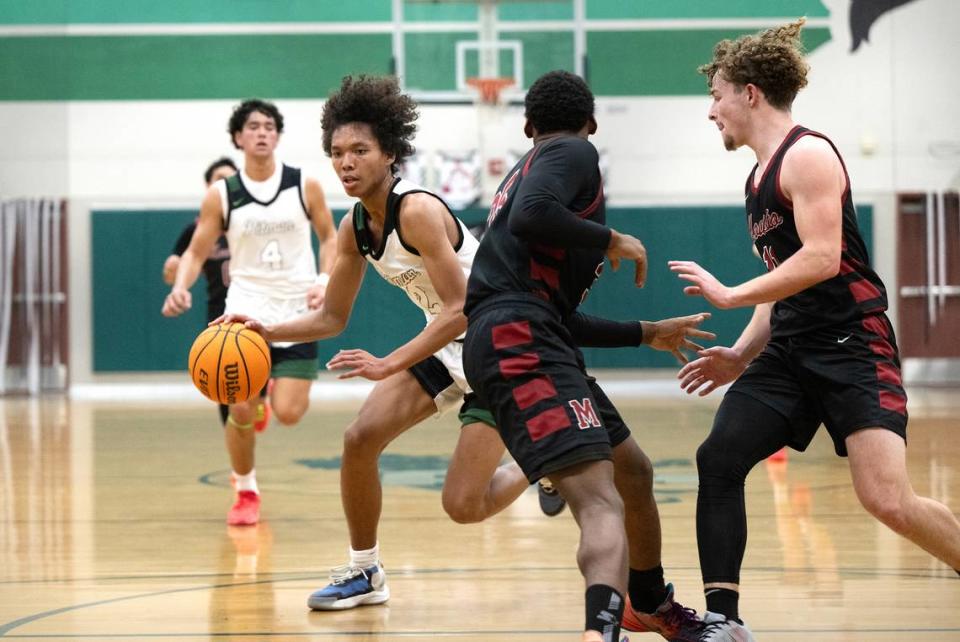 Pitman’s Cole Martin moves the ball during the Central California Athletic League game with Modesto in Turlock, Calif., Friday, Jan. 26, 2024.