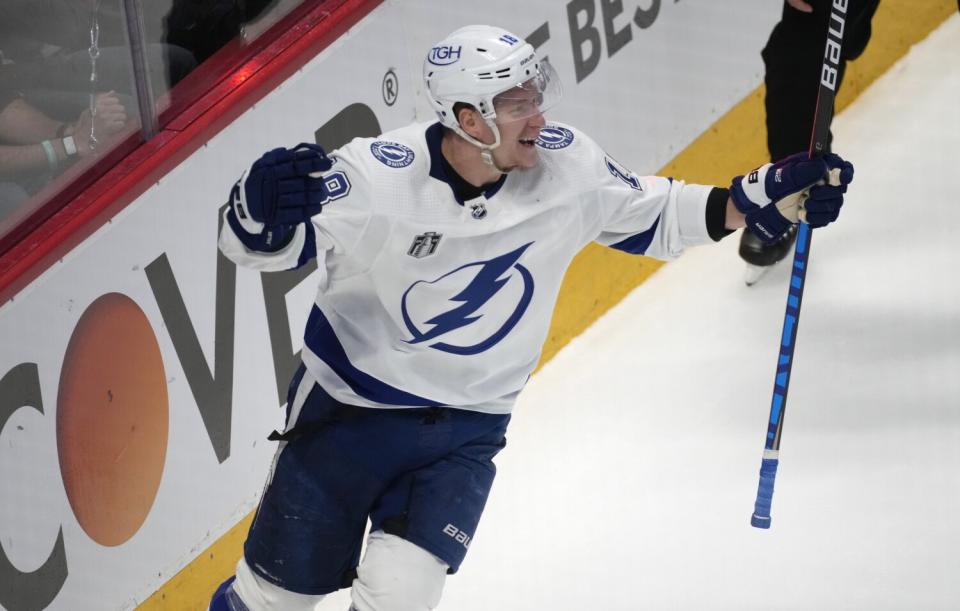 Tampa Bay Lightning left wing Ondrej Palat celebrates after scoring against the Colorado Avalanche.