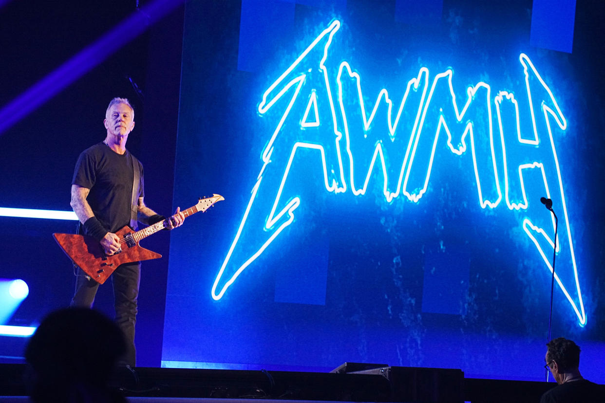 LOS ANGELES, CALIFORNIA - DECEMBER 16: James Hetfield of Metallica performs onstage as Metallica Presents: The Helping Hands Concert (Paramount+) at Microsoft Theater on December 16, 2022 in Los Angeles, California. (Photo by Jeff Kravitz/Getty Images for P+ and MTV)