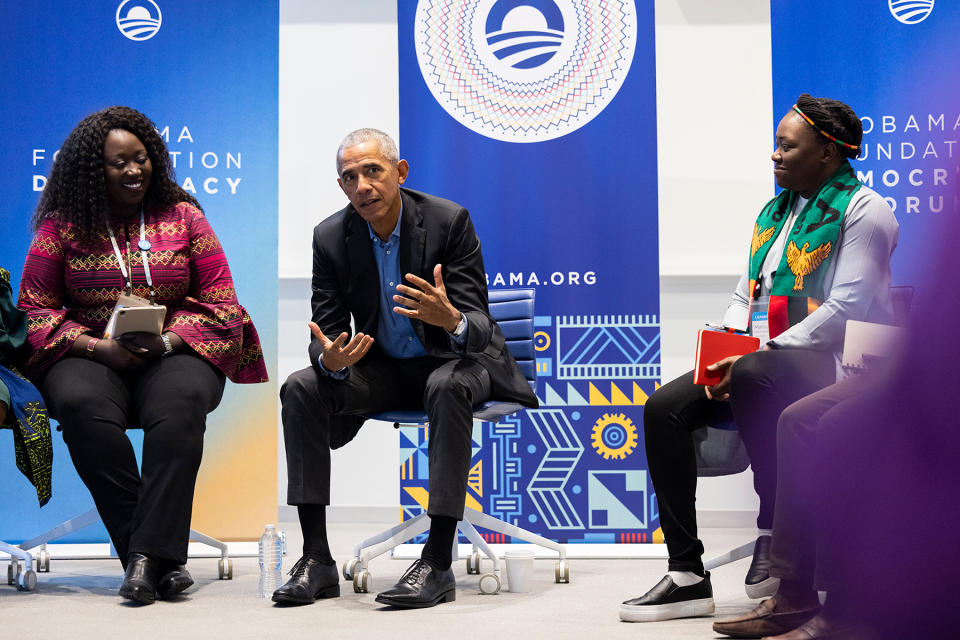 The Obama Foundation program participants from across the globe meet in smaller working groups with democracy experts and President Obama to collaborate and exchange ideas on real-world approaches to the challenges democracy faces today at Columbia University in New York on November 18, 2022. Please credit “The Obama Foundation.” The photographs may not be manipulated in any way, and may not be used in commercial or political materials, advertisements, emails, products, or promotions that in any way suggest approval or endorsement by the Foundation, President Obama, or Mrs. Obama without the Foundation’s prior written consent.