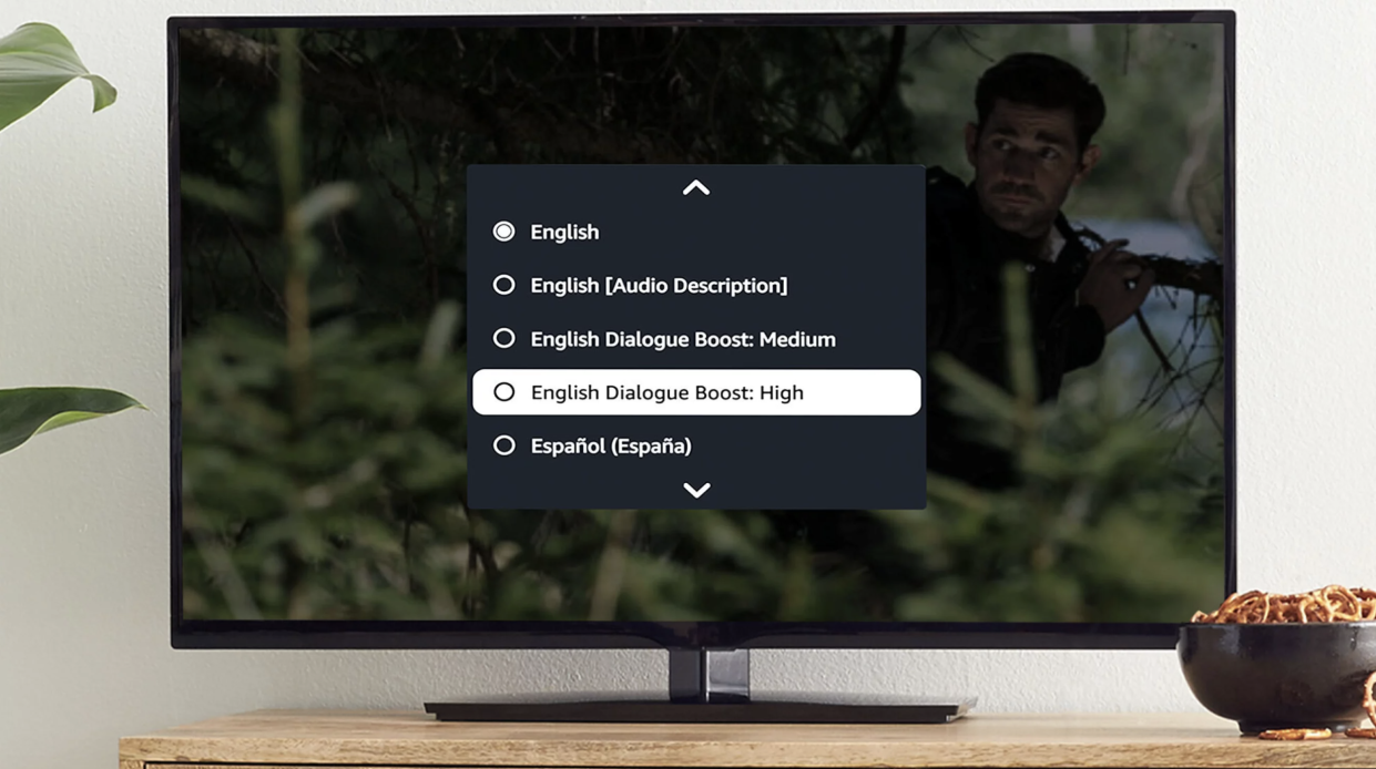  Amazon Prime's Dialogue Boost option shown on a TV, in a living room 
