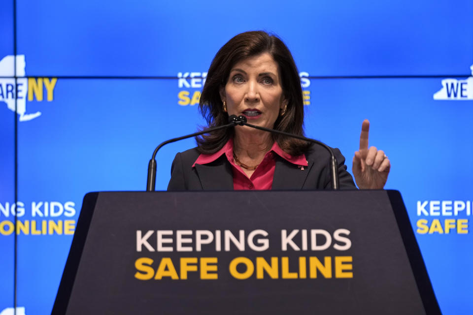 New York Gov. Kathy Hochul speaks during a news conference in New York, Wednesday, Oct. 11, 2023. New York is bidding to put new controls on social media platforms that state leaders say will protect the mental health of younger users. (AP Photo/Seth Wenig)