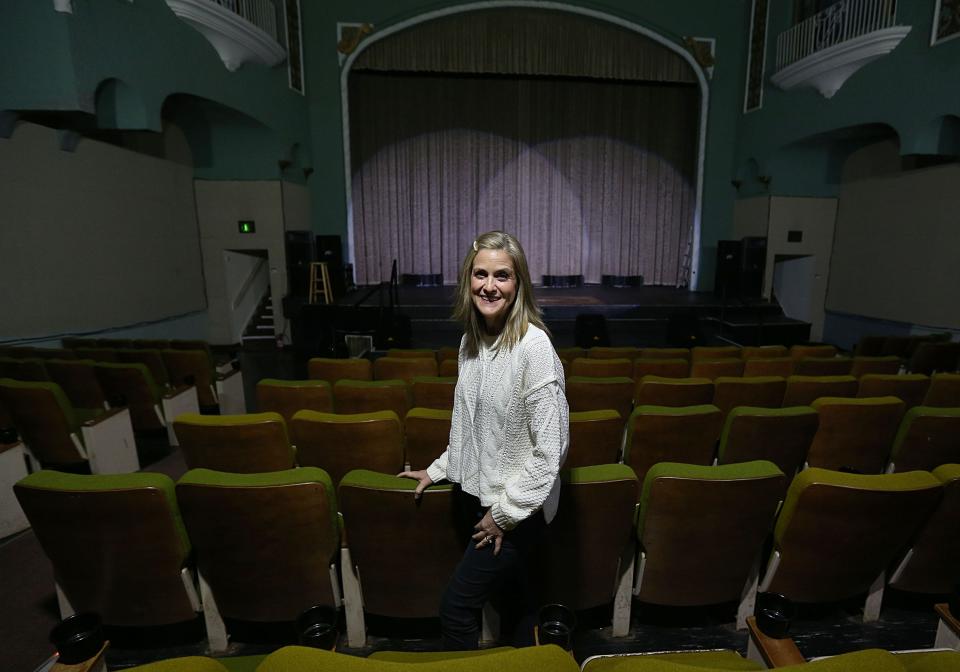 Melissa Sly is president of the Camelot Theater Foundation talks during a tour at the Theater at downtown Nevada on Tuesday, Nov. 28, 2023, in Nevada, Iowa.