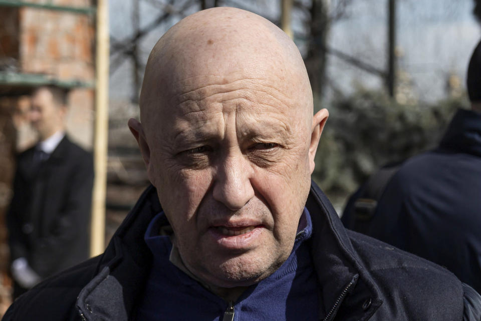 Yevgeny Prigozhin, the owner of the Wagner Group military company, at a funeral in Moscow on April 8, 2023. (v.v.smolnikov / AP file)