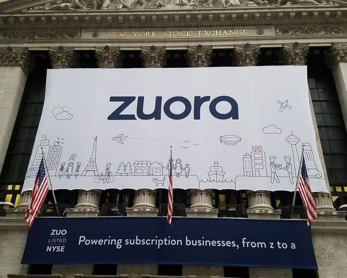 A Zuora banner displayed outside the New York Stock Exchange on the day of the company's IPO.