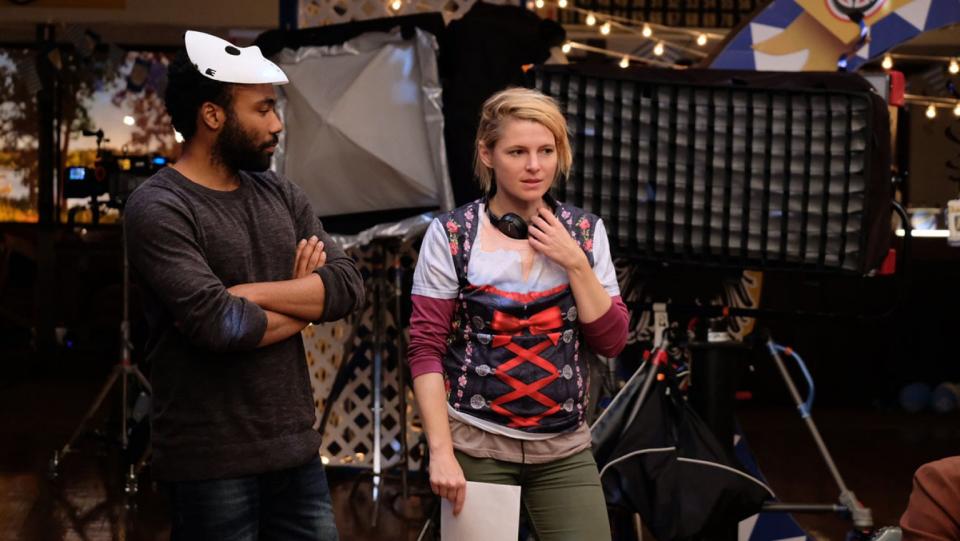 Amy Seimetz directs Donald Glover on the set of 'Atlanta' in 2018.