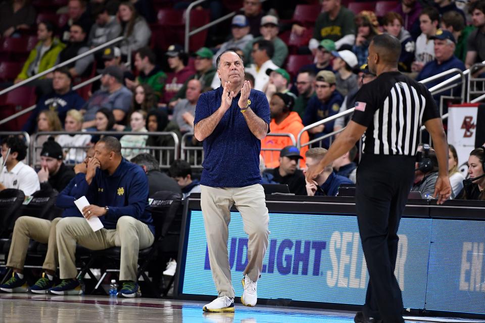 Notre Dame head coach Mike Brey reacts to game action against Boston College.