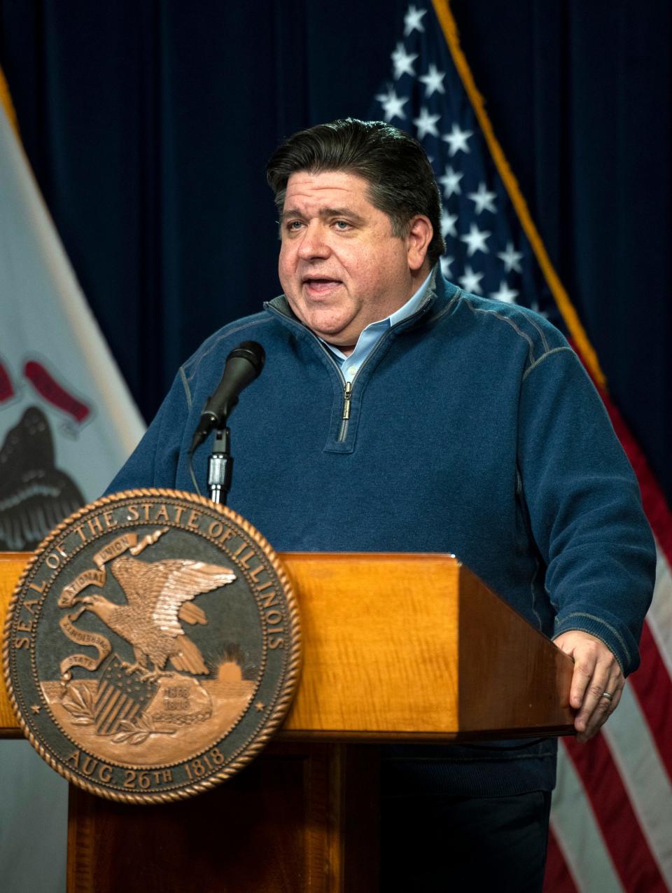 Illinois Gov. J.B. Pritzker speaks during his daily coronavirus news conference at the Thompson Center in Chicago, Friday, April 17, 2020.