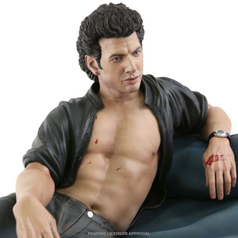 The statue captures Dr. Ian Malcolm in one of his most iconic poses.