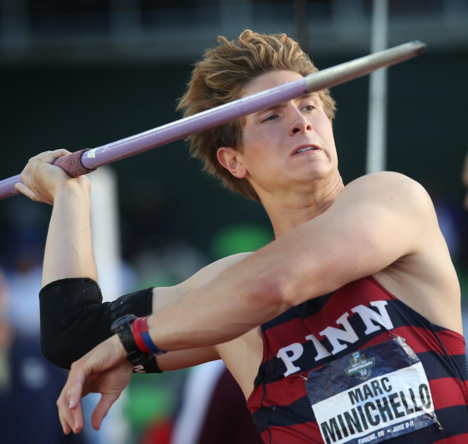 Penn's Marc Minichellow throws the javelin on his way to a championship on the first day of the NCAA Outdoor Track & Field Championships Wednesday June 8, 2022 at Hayward Field in Eugene, Ore.