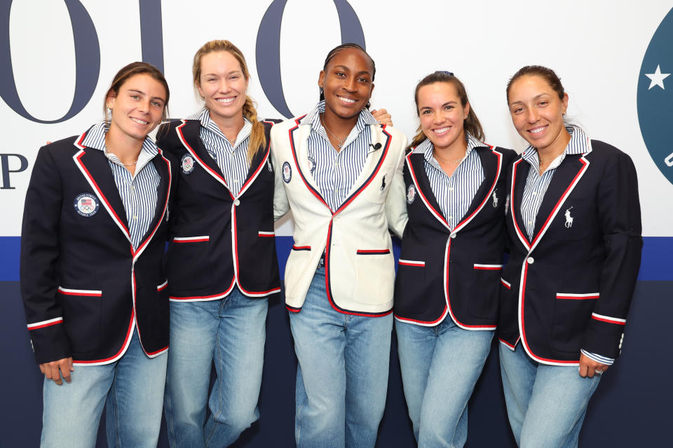 PARIS, FRANCE - JULY 23: U.S. Olympians Emma Navarro, Danielle Collins, Coco Gauff, Desirae Krajczyk and Jessica Pegula celebrate the announcement of Coco Gauff as the US Flag Bearer at the Team USA Welcome Experience ahead of Paris 2024 on July 23, 2024 in Paris, France. (Photo by Joe Scarnici/Getty Images for USOPC)