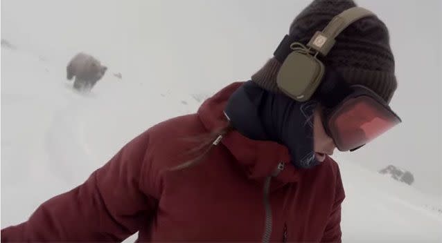 The thudding sound of a bear pounding through the snow is heard as Ms Murphy hums a tune to herself. Photo: YouTube/Kelly Murphy