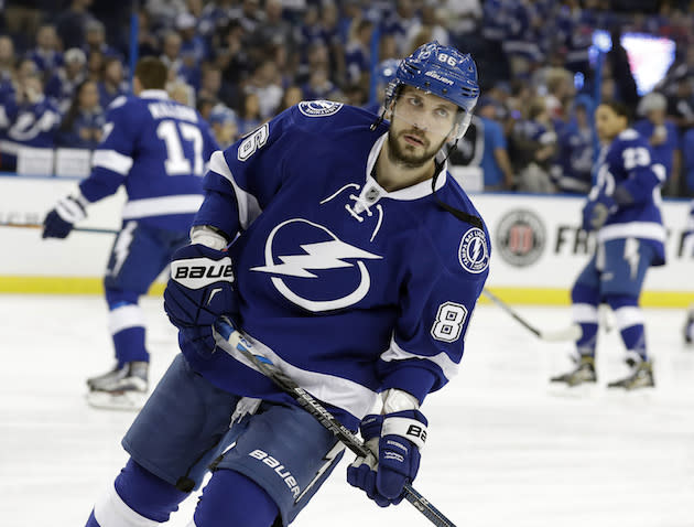 Tampa Bay Lightning right wing Nikita Kucherov (86), of Russia, before an NHL hockey game against Detroit Red Wings Thursday, Oct. 13, 2016, in Tampa, Fla. (AP Photo/Chris O'Meara)