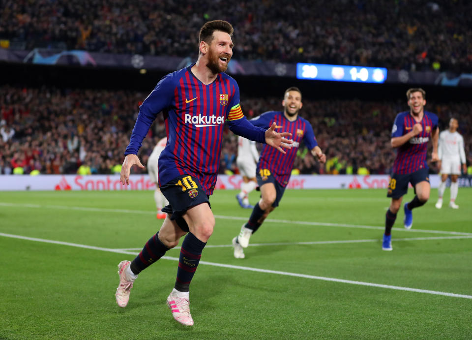 Lionel Messi of Barcelona celebrates after he scores his sides second goal during the UEFA Champions League Semi Final first leg match between Barcelona and Liverpool.