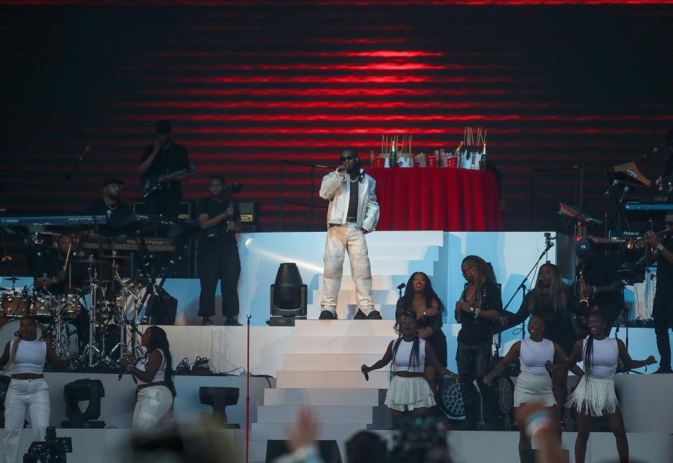 Burna Boy performs on the Coachella Stage at the Coachella Valley Music and Arts Festival in Indio, Calif., Friday, April 14, 2023. 