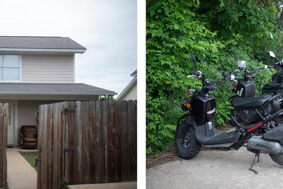 Left: The backyard door of Tan’s home stands ajar. The door leads to a driveway where Tan and his roommates park their vehicles at the end of a cul-de-sac. Right: Mopeds line the outside of Tan’s home. The proximity to campus allows Tan and his roommates to use the mopeds to get to campus.