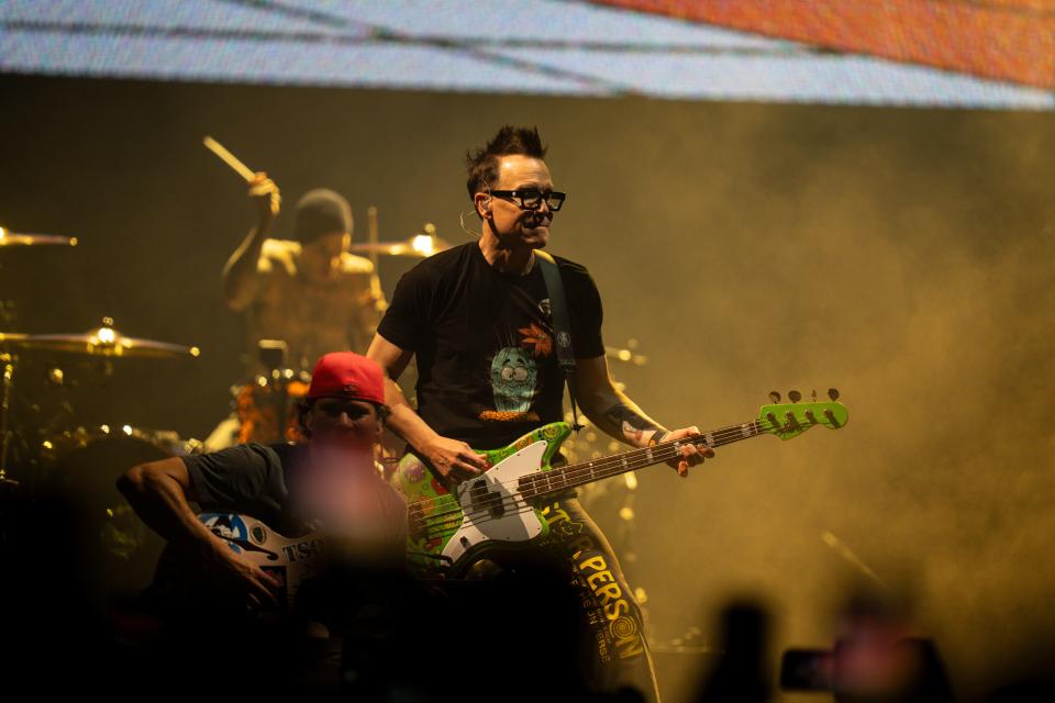 Bassist and singer for Blink-182 Mark Hoppus performs at the Moody Center on Friday, July 7, 2023.