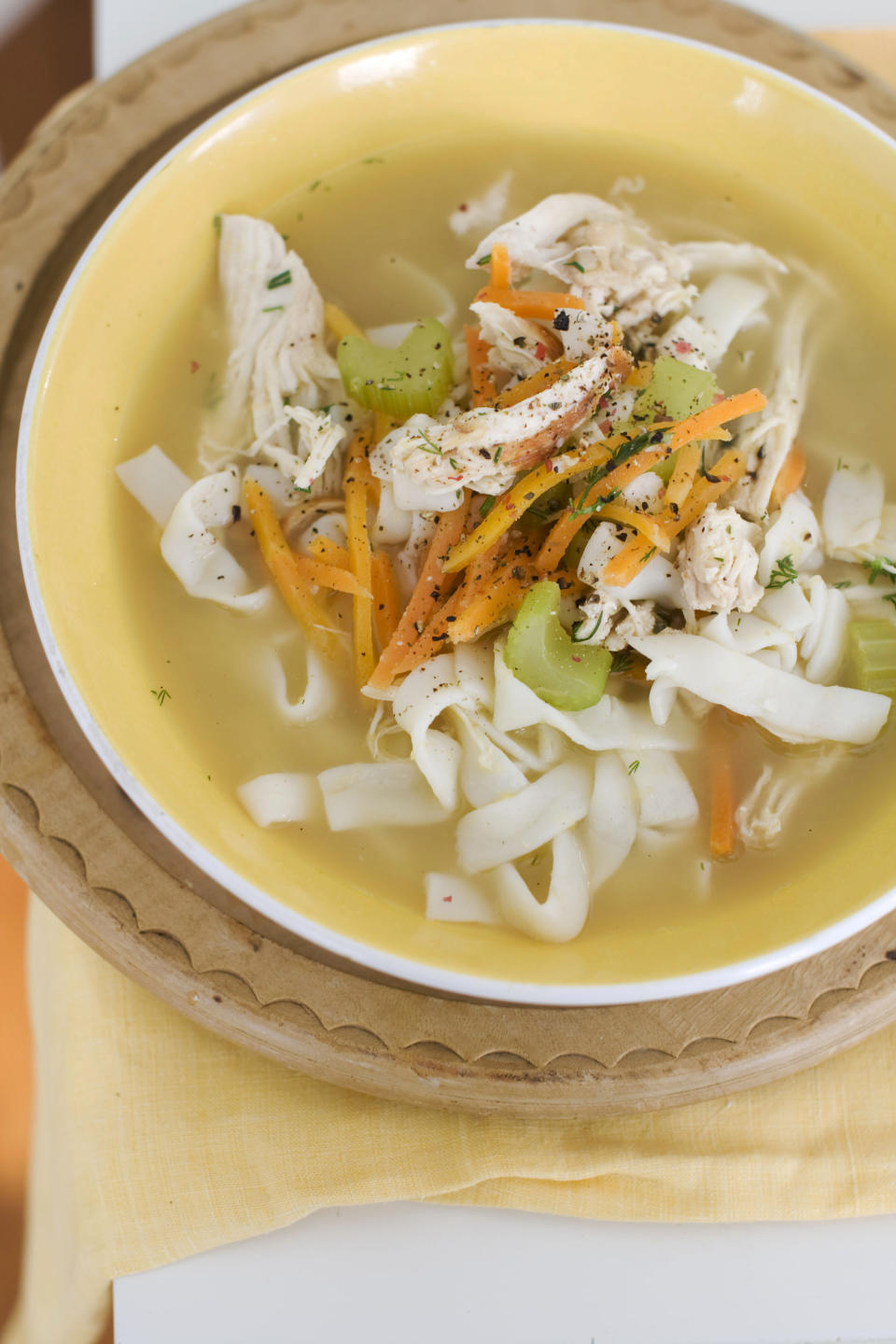 In this image taken on January 7, 2013, chicken and shirataki noodle soup is shown served in a bowl in Concord, N.H. (AP Photo/Matthew Mead)