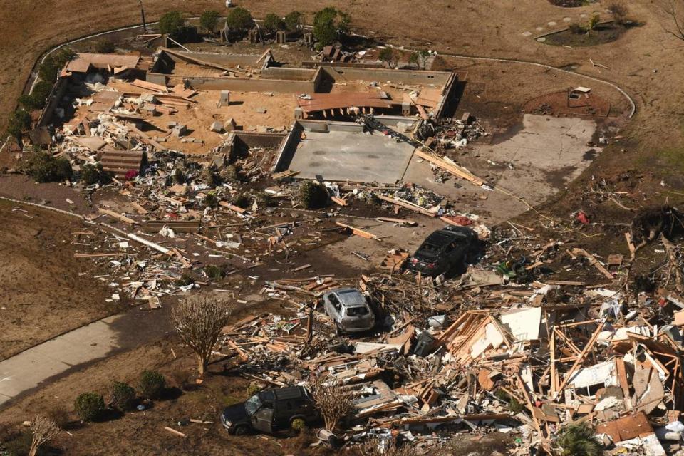 This aerial photo shows the devastation Tuesday Feb. 16, 2021, in the Ocean Ridge Plantation area of Brunswick County, N.C. following a tornado.