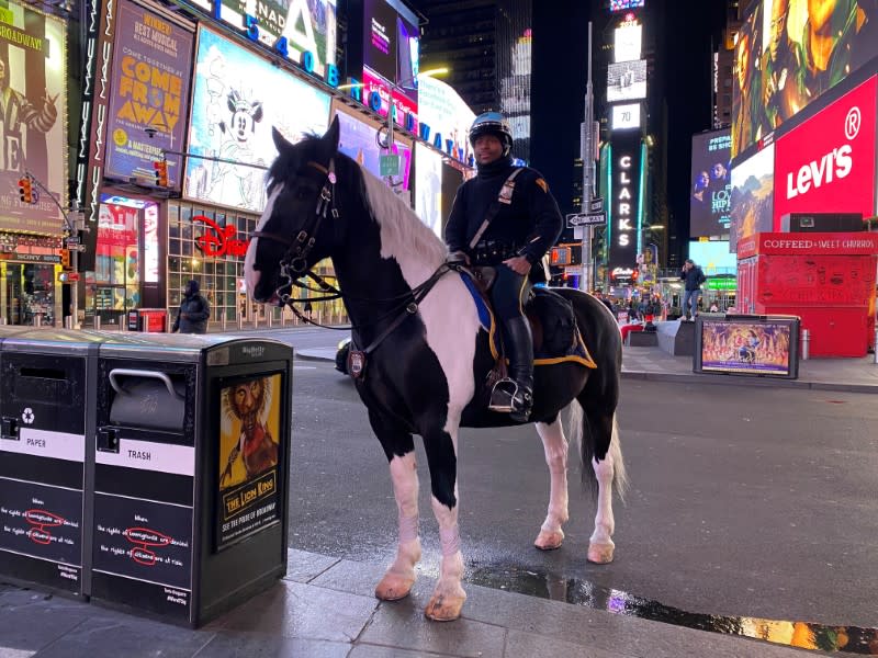 A New York police officer patrols a nearly empty Times Square on horseback during the coronavirus disease (COVID-19) outbreak in New York City