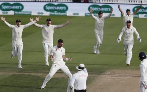 James Anderson traps Cheteshwar Pujara leg-before - Credit: ADRIAN DENNIS/AFP/Getty Images